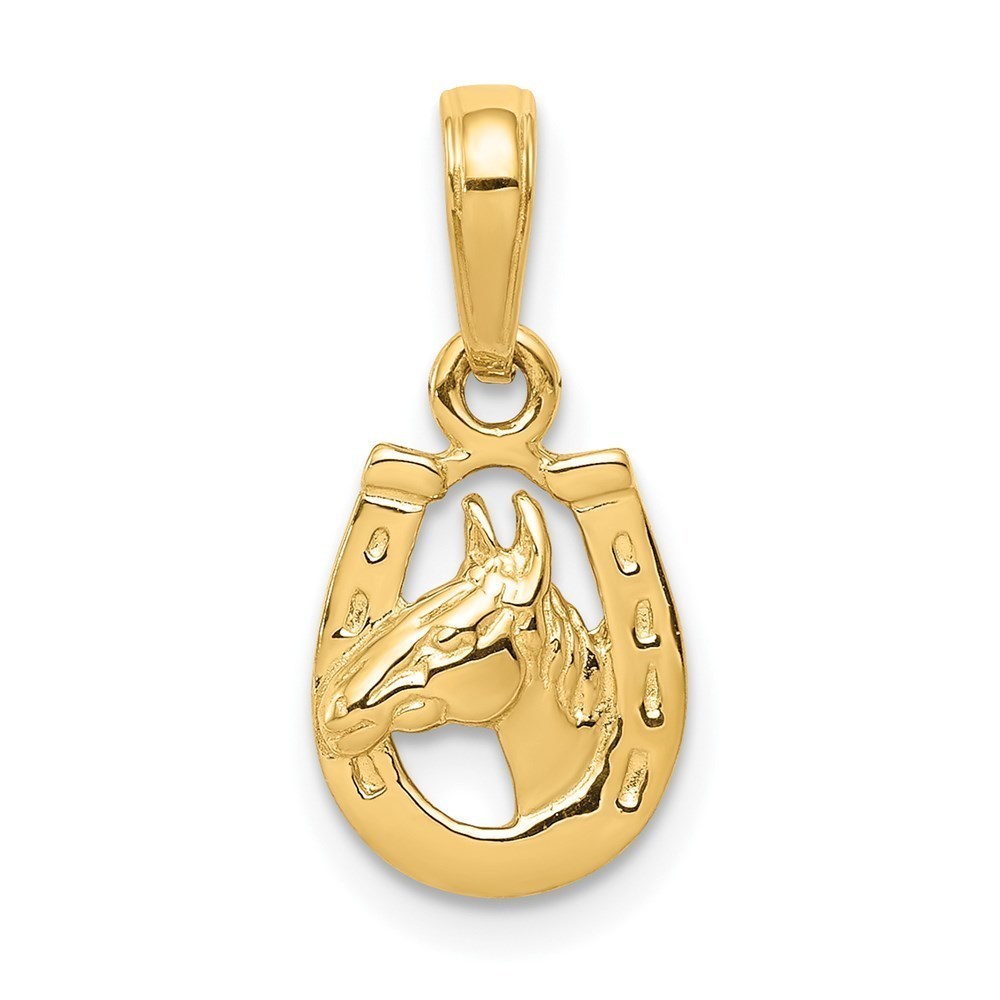 14k Yellow Gold Horseshoe with Horse Head Necklace Charm Pendant